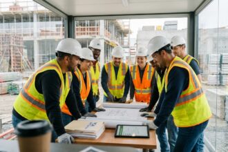 Groupe de travailleurs en sécurité lors d'une réunion de chantier