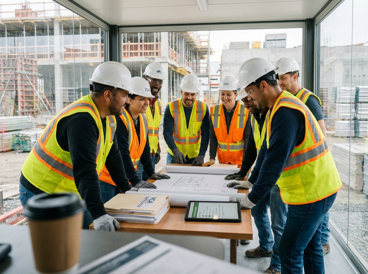 Groupe de travailleurs en sécurité lors d'une réunion de chantier