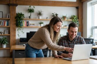 Femme et collègue collaborant sur un ordinateur dans un bureau moderne