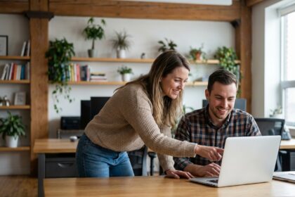 Femme et collègue collaborant sur un ordinateur dans un bureau moderne