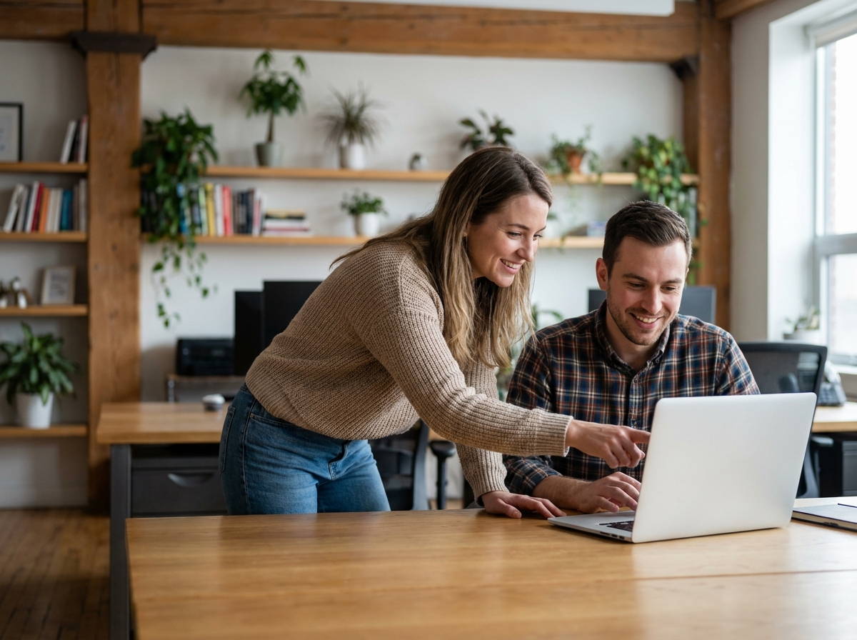 Femme et collègue collaborant sur un ordinateur dans un bureau moderne
