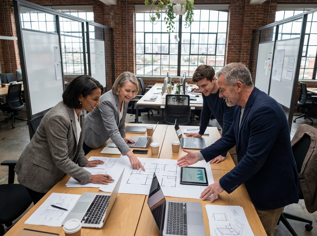 Groupe de quatre professionnels en discussion dans un espace de travail moderne