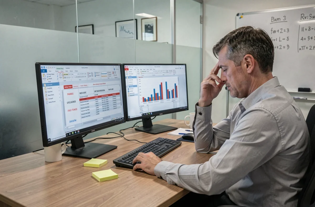 Homme comptable face à des erreurs de CA OP sur écran de logiciel comptable en salle de réunion