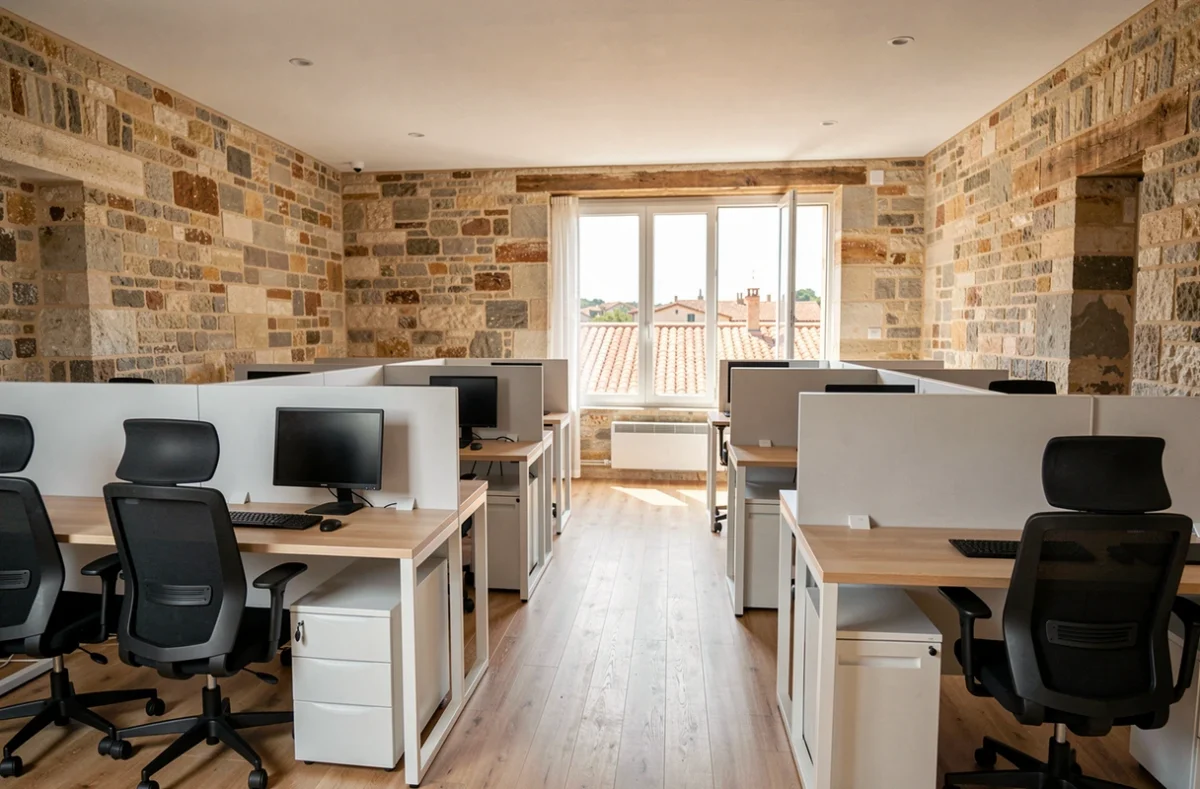 Espace de bureaux vide à louer dans un bâtiment rénové en pierre à Montélimar avec vue sur les toits provençaux