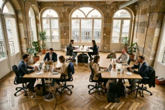 Espace de coworking moderne à Montparnasse avec professionnels travaillant dans un cadre haussmannien rénové