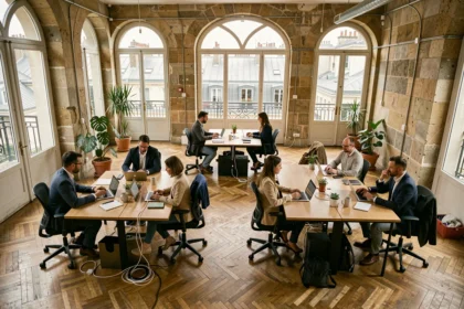 Espace de coworking moderne à Montparnasse avec professionnels travaillant dans un cadre haussmannien rénové