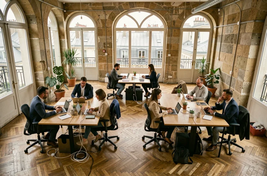 Espace de coworking moderne à Montparnasse avec professionnels travaillant dans un cadre haussmannien rénové