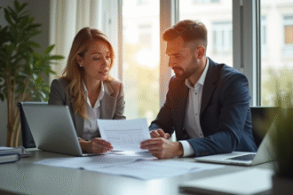 Espace de travail professionnel avec deux personnes confiantes