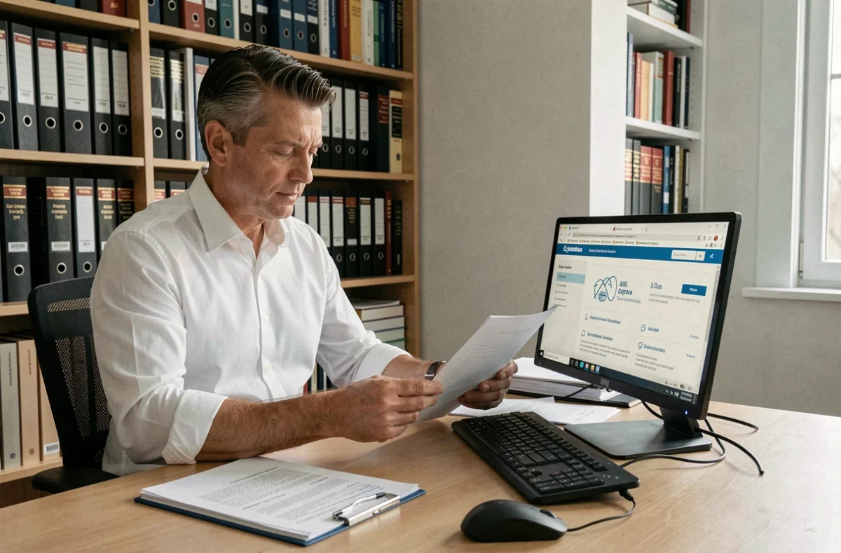 Expert masculin consultant des documents et une plateforme de déclaration d'expertise en ligne dans un bureau professionnel