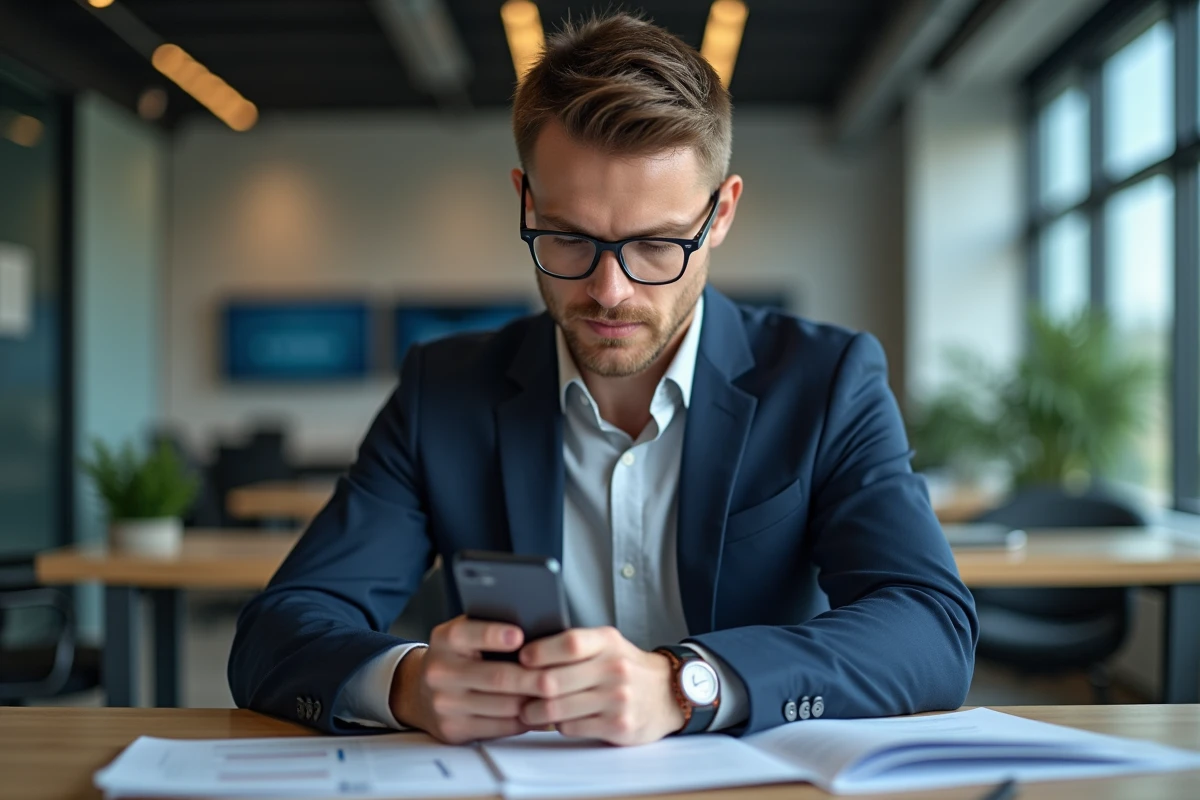 Expert cybersécurité homme au bureau analyse un smartphone