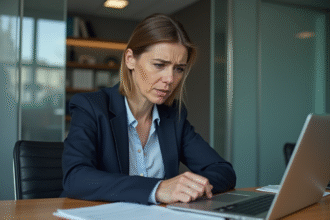 Femme d affaires inquiète devant son ordinateur en entreprise