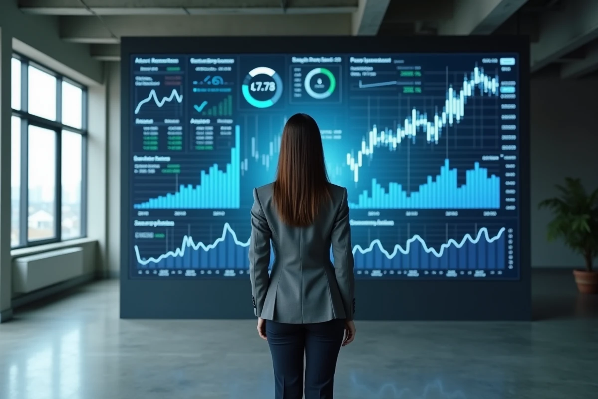Femme d'affaires analysant des données financières et graphiques boursiers sur un grand écran numérique en entreprise
