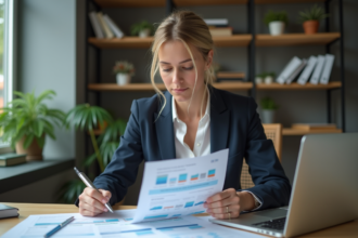 Femme d'affaires analyse un rapport financier dans un bureau