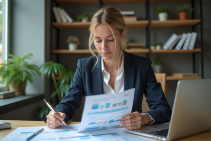 Femme d'affaires analyse un rapport financier dans un bureau