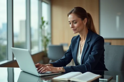 Femme d affaires en bureau moderne avec ordinateur et carnet