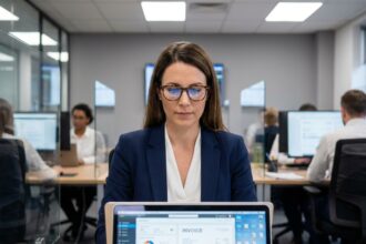 Femme d'affaires en costume bleu examine des factures sur son ordinateur