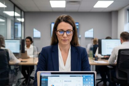 Femme d'affaires en costume bleu examine des factures sur son ordinateur