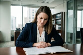 Femme d'affaires en costume vérifiant des documents juridiques