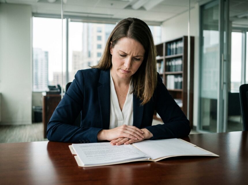 Femme d'affaires en costume vérifiant des documents juridiques