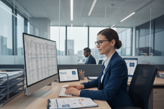 Femme d affaires en costume regardant un écran d ordinateur