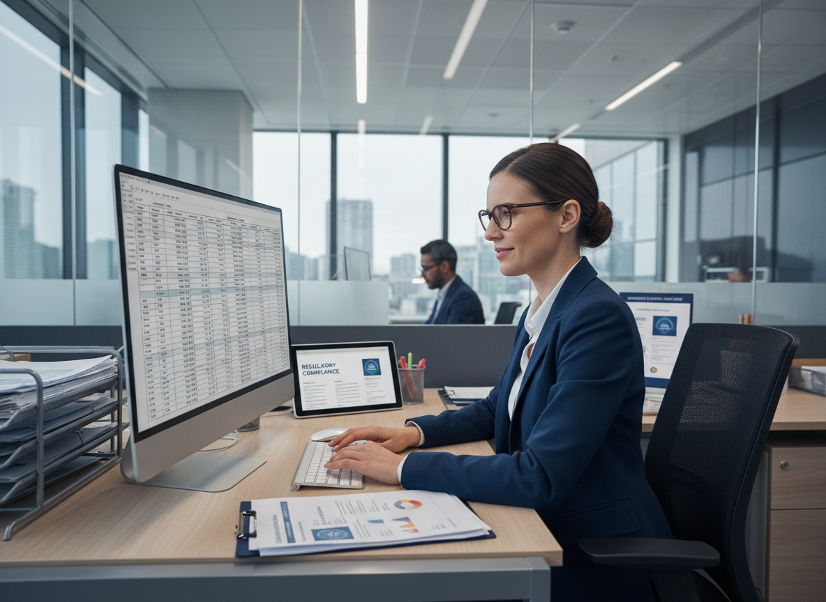 Femme d affaires en costume regardant un écran d ordinateur