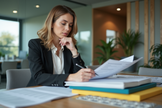 Femme d'affaires examinant des documents dans un bureau moderne