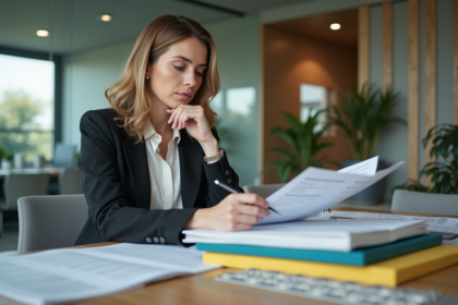 Femme d'affaires examinant des documents dans un bureau moderne