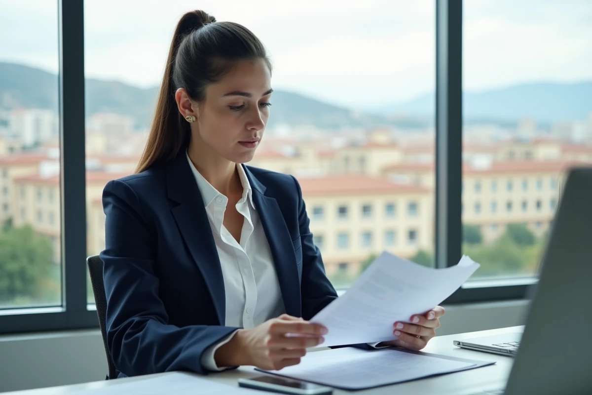 Jeune femme d affaires examinant des rapports dans un bureau lumineux