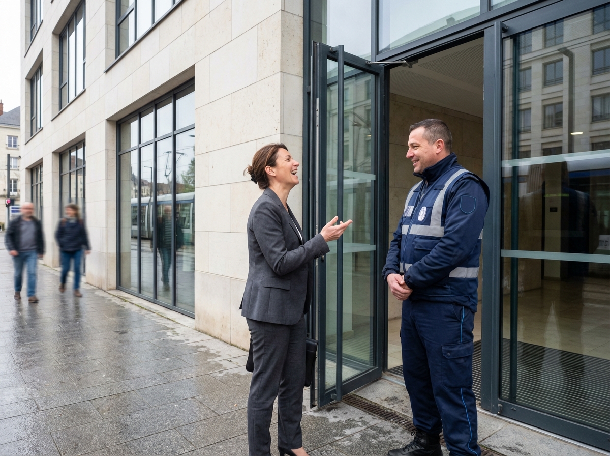 Femme d affaires discutant avec agent de securite devant un batiment