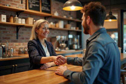 Femme d'affaires souriante serre la main d'un jeune commerçant