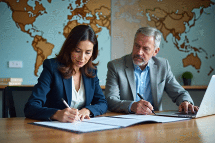 Femme d'affaires signant un contrat dans un bureau moderne