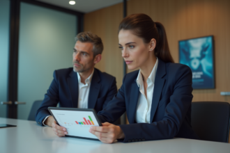 Femme d'affaires en réunion avec tablette numérique