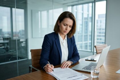 Femme d'affaires professionnelle examinant attentivement un contrat commercial dans une salle de réunion moderne