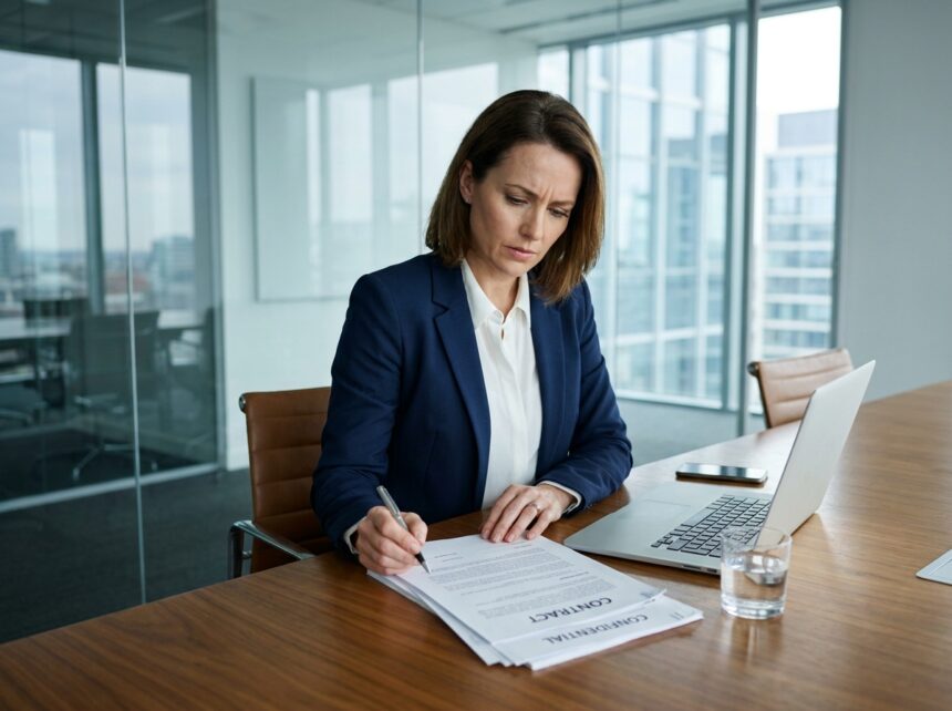 Femme d'affaires professionnelle examinant attentivement un contrat commercial dans une salle de réunion moderne