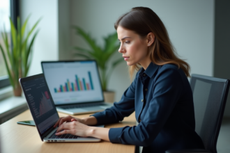 Jeune femme analysant des statistiques de conversion sur son ordinateur