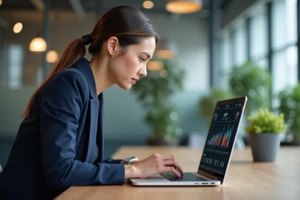 Femme en analyse marketing dans un bureau moderne