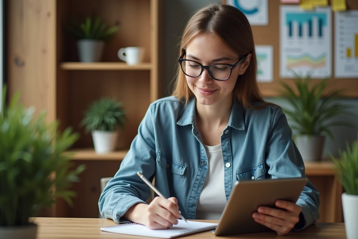 Jeune femme en coworking analysant des données sur une tablette