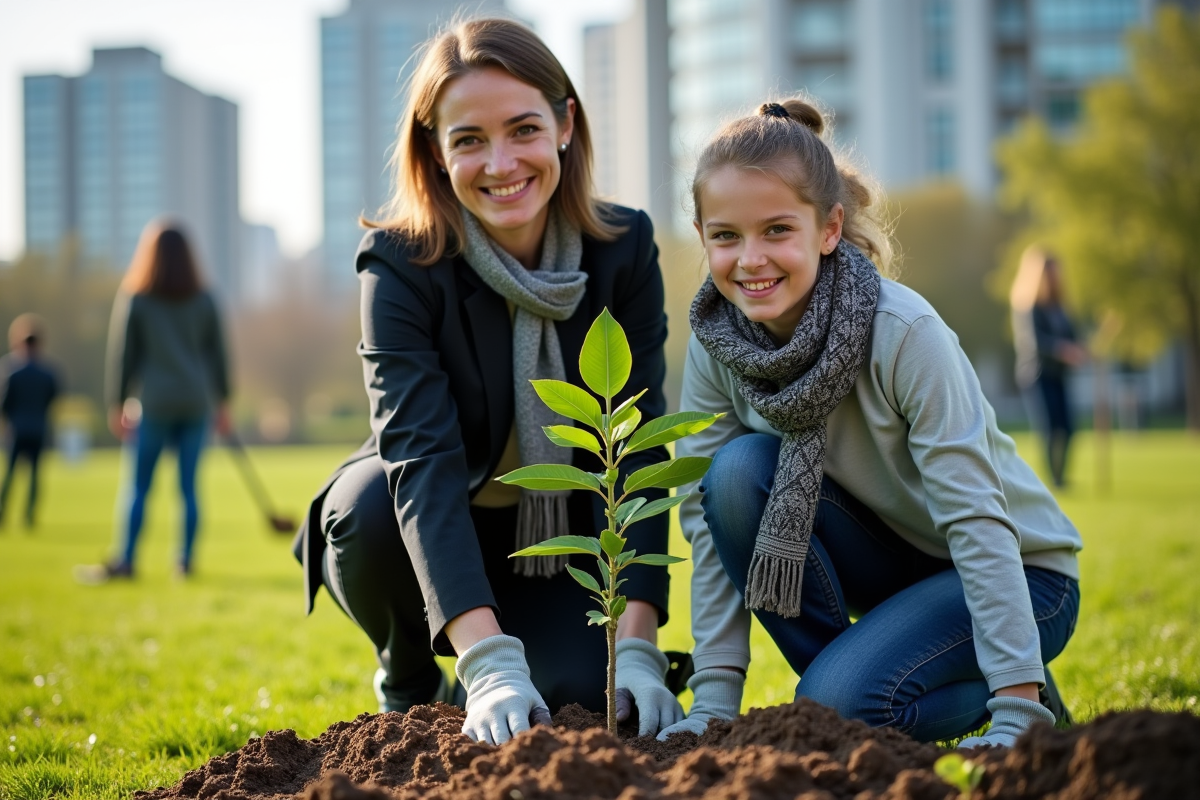 Femme plantant un arbre avec un adolescent bénévole en extérieur
