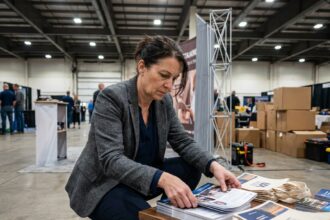 Femme en tenue d'affaires arrangeant brochures lors d'une exposition