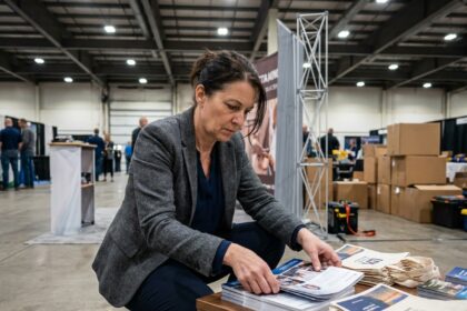 Femme en tenue d'affaires arrangeant brochures lors d'une exposition