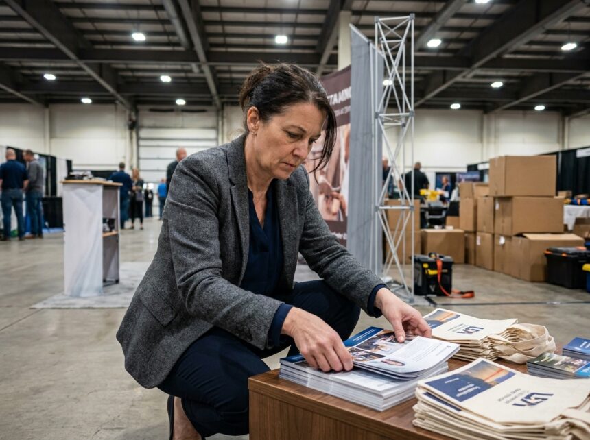 Femme en tenue d'affaires arrangeant brochures lors d'une exposition