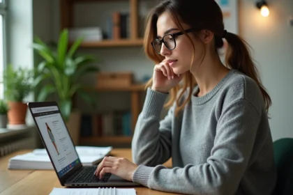Femme consultant des avis clients sur un site e-commerce depuis son bureau à domicile, illustrant la preuve sociale et la conversion en ligne