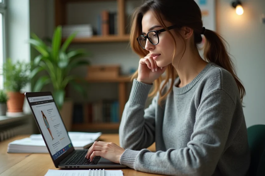 Femme consultant des avis clients sur un site e-commerce depuis son bureau à domicile, illustrant la preuve sociale et la conversion en ligne