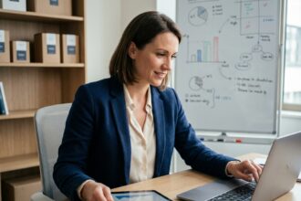 Femme d'affaires analysant des chiffres dans un bureau moderne