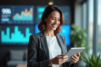 Femme d'affaires analysant des chiffres dans un bureau moderne