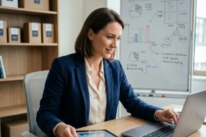 Femme d'affaires analysant des chiffres dans un bureau moderne