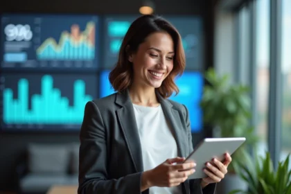 Femme d'affaires analysant des chiffres dans un bureau moderne