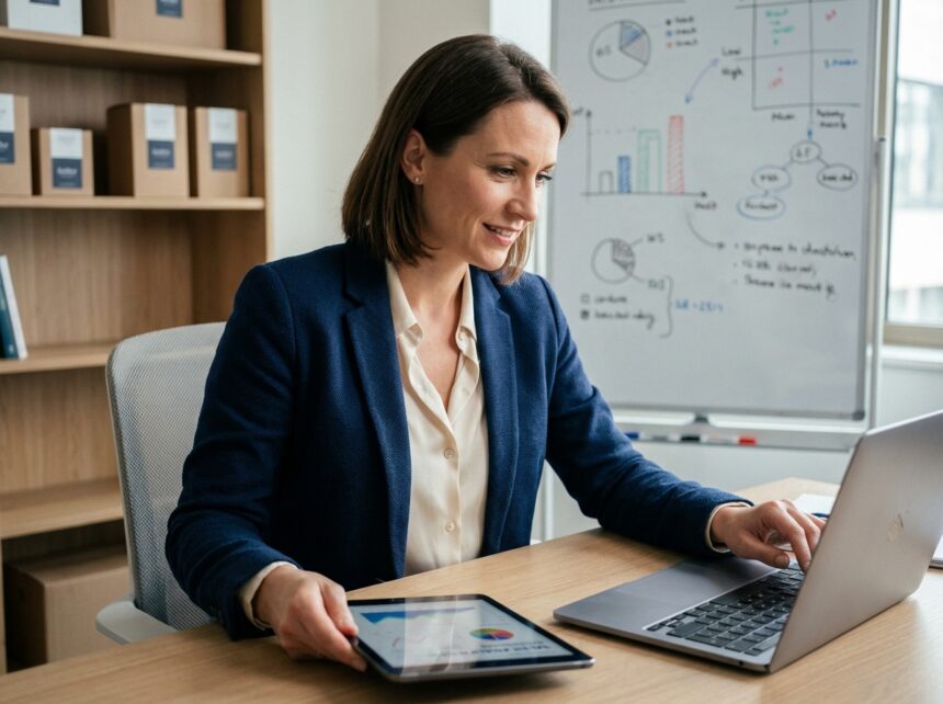 Femme d'affaires analysant des chiffres dans un bureau moderne