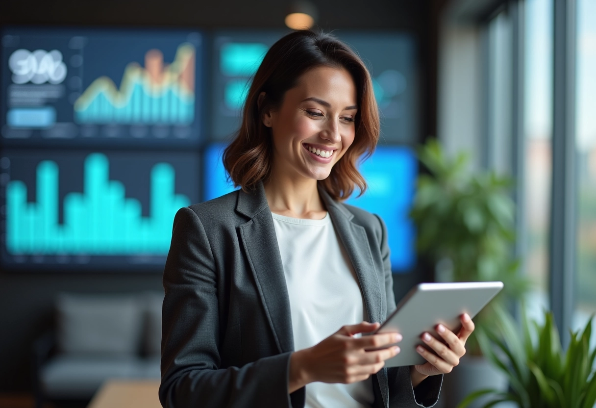 Femme d'affaires analysant des chiffres dans un bureau moderne