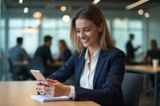 Femme professionnelle souriante dans un bureau moderne